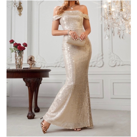 Dresses & Skirts - Gold sequins Off Shoulder formal party evening wedding prom Luxe dress